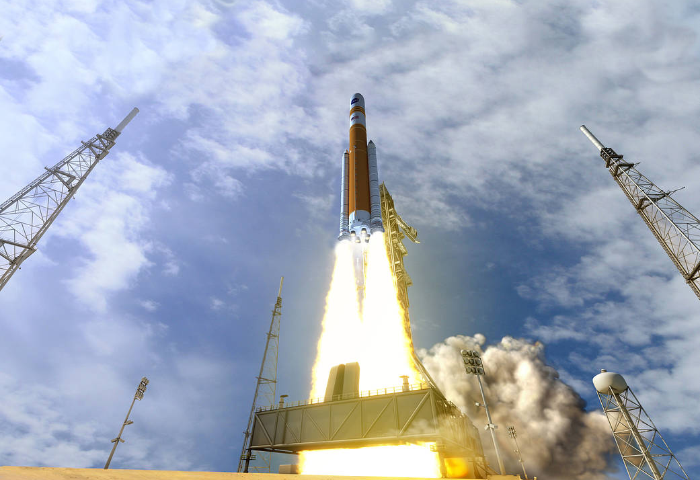 This illustration depicts NASA’s Space Launch System (SLS) rocket in the Block 1B cargo configuration at launch.