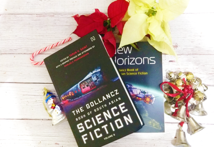 Gollancz Book of South Asian Science Fiction w/ Xmas ornaments