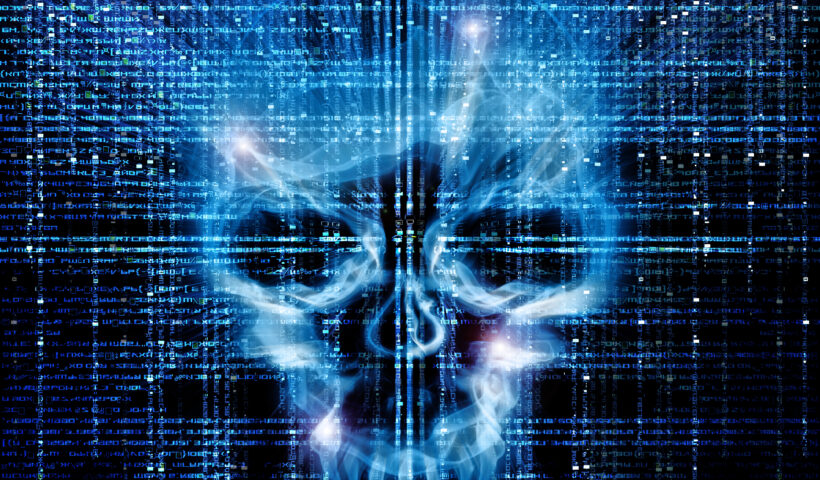 a holographic skull suspended in a virtual computer world